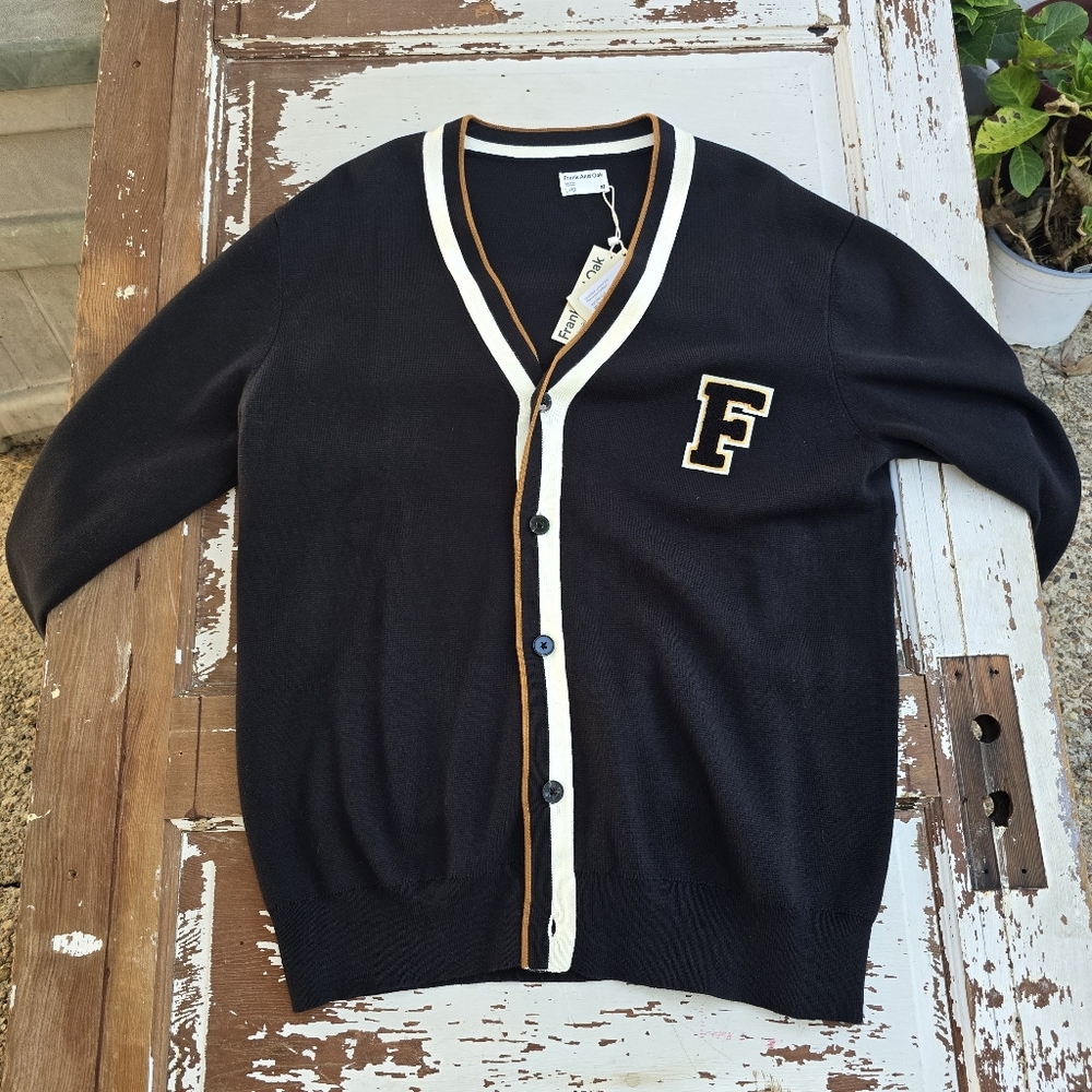 Frank And Oak “Varsity Cardigan” – Navy with Cream & Gold Trim (Size L, NWT)